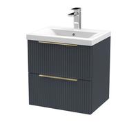 Balterley Contemporary Fluted Front Wall Hung 2-Drawer Bathroom Vanity Unit With 1 Tap Hole Basin, 500mm, Dark Grey, Brushed Brass Handles