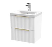 Balterley Contemporary Fluted Front Wall Hung 2-Drawer Bathroom Vanity Unit With 1 Tap Hole Basin, 500mm, Satin White, Brushed Brass Handles