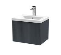 Balterley Contemporary Fluted Front Wall Hung Single Drawer Bathroom Vanity Unit With 1 Tap Hole Basin, 500mm, Dark Grey, Black Handles