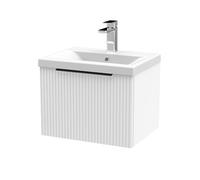Balterley Contemporary Fluted Front Wall Hung Single Drawer Bathroom Vanity Unit With 1 Tap Hole Basin, 500mm, Satin White, Black Handles