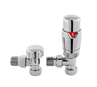 Balterley Thermostatic Radiator Valve with Lockshield Valve, Angled Chrome TRV, Smooth Round Cap Radiator Valves 15mm, Thermostatic Valves for Radiators, Sold in Pairs - 40 x 40 x 128 mm (Chrome)