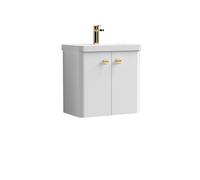 Curve Wall Hung 2 Door Vanity Basin - 600mm - Gloss White with Brushed Brass Drop Handles (Tap Not Included)