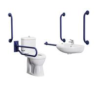 Balterley Doc M Pack Close Coupled Toilet Set, Comfort Height Pan, Cistern, Toilet Seat, Wall Mount Basin, Spray Mixer Tap, 5 Grab Rails & Drop Down Rail, WC Toilets for Bathrooms (White/Blue)
