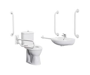Balterley Doc M Pack Close Coupled Toilet Set, Comfort Height Pan, Cistern, Toilet Seat, Wall Mount Basin, Spray Mixer Tap, 5 Grab Rails & Drop Down Rail, WC Toilets for Bathrooms (White)