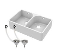 Balterley 795mm Belfast Kitchen Sink White Double Bowl with Full Weir and 2 Wastes with Overflow, Durable Durable Fireclay Belfast Ceramic Kitchen Sink Bowl - 795 x 500 x 220mm (White)
