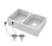 Balterley 795mm Butler White Kitchen Sink, Double Bowl Flush Weir with Tap Hole & 2 Wastes with Overflow, Durable Butler Fireclay Ceramic Kitchen Sink Bowl, Farmhouse Sinks - 795 x 500 x 220mm (White)