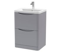Dunwood Contemporary 2 Drawer Floor Standing Vanity Unit with Basin, Satin Grey, 600mm