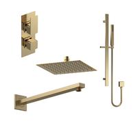 Balterley Empire Modern Square 2 Outlet Shower Valve, Head, Wall Arm and Slide Rail Handset Bundle - Brushed Brass