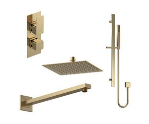 Balterley Empire Modern Square 2 Outlet Shower Valve, Head, Wall Arm And Slide Rail Handset Bundle - Brushed Brass