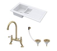 Balterley Fireclay 1.5 Bowl Sink Drainer Waste Tap Brushed Brass 1010mm in White Balterley White
