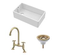 Balterley Fireclay 1 Bowl Belfast Sink Strainer Waste Tap Brushed Brass 795mm in White Balterley White