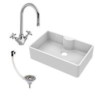 795mm - Single Bowl Fireclay Butler Kitchen Sink - Tap Ledge, Tap & Waste