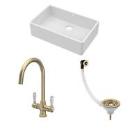 Balterley Fireclay 1 Bowl Butler Sink Overflow Waste Tap Brushed Brass 795mm in White Balterley White
