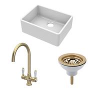 Balterley Fireclay 1 Bowl Butler Sink Strainer Waste Tap Brushed Brass 595mm in White Balterley White