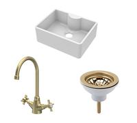 Balterley Fireclay 1 Bowl Butler Sink Tap Ledge Waste Tap Brushed Brass 595mm in White Balterley White