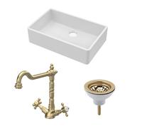 Balterley Fireclay 1 Bowl Butler Sink Waste Classic Tap Brushed Brass 795mm in White Balterley White