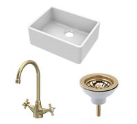 Balterley Fireclay 1 Bowl Butler Sink Waste Handle Tap Brushed Brass 595mm in White Balterley White