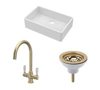 Balterley Fireclay 1 Bowl Butler Sink Waste Handle Tap Brushed Brass 795mm in White Balterley White