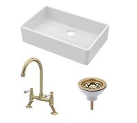 Balterley Fireclay 1 Bowl Butler Sink Waste Mixer Tap Brushed Brass 795mm in White Balterley White