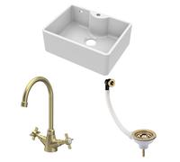 Balterley Fireclay 1 Bowl Butler Sink Waste Tap Brushed Brass 595mm in White Balterley White