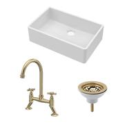Balterley Fireclay 1 Bowl Butler Sink Waste Tap Brushed Brass 795mm in White Balterley White