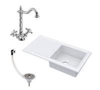 Fireclay 1 Bowl Inset Kitchen Sink & Drainer with Classic Tap, Basket Strainer Wastes, 1010mm - White