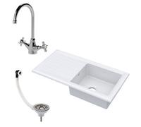 Balterley Fireclay 1 Bowl Inset Kitchen Sink & Drainer With Mixer Tap, Basket Strainer Wastes, 1010mm - White