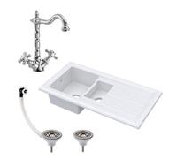 Balterley Fireclay 1010mm 1.5 Bowl Inset Kitchen Sink With Drainer, Classic Tap & Wastes In White Finish - Premium Quality