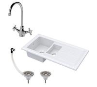 Balterley Ceramic Kitchen Sink with Drainer, Mixer Tap, Waste with Overflow, 101cm Inset Counter Top, 1.5 Reversible Double Bowl Fireclay White Sink with Mono Crosshead Tap (White/Chrome)