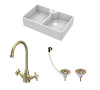 Balterley Fireclay 2 Bowl 1 Tap Hole Butler Sink Tap Hole Wastes Tap 895mm in White Balterley White