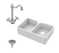 Balterley Fireclay 2 Bowl Full Weir Butler Sink Tap Waste 795mm in White Balterley White