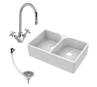Balterley Fireclay 2 Bowl Full Weir Butler Sink Tap Waste 795mm in White Balterley White