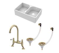 Balterley 795mm Butler Sink Double Bowl with Bridge Lever Mixer Tap & Wastes with Overflow, Durable Butler White Ceramic Kitchen Sink, Apron Front Double Bowl Flush Weir (White/Brushed Brass)