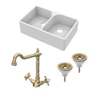Balterley Fireclay 2 Bowl Full Weir Butler Sink Wastes Tap Brushed Brass 795mm in White Balterley White