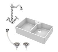Balterley Fireclay 2 Bowl Stepped Weir Butler Sink 1 Tap Hole Tap Waste 895mm in White Balterley White