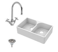 Balterley Fireclay 2 Bowl Stepped Weir Butler Sink Mono Sink Mixer Waste 795mm in White Balterley White