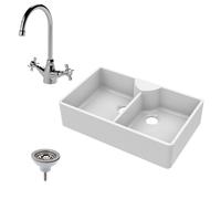 Balterley Fireclay 2 Bowl Stepped Weir Butler Sink Mono Sink Mixer Waste 895mm in White Balterley White