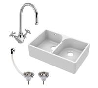 Balterley Fireclay 2 Bowl Stepped Weir Butler Sink Overflow Tap Waste 795mm in White Balterley White