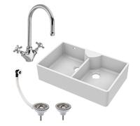 Fireclay 2 Bowl Stepped Weir Butler Sink Overflow Tap Waste 895mm Balterley White One Size