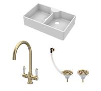 Balterley Fireclay 2 Bowl Stepped Weir Butler Sink Wastes Tap 895mm in White Balterley White