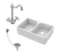795mm - Double Bowl Fireclay Butler Kitchen Sink - Weir, French Classic Tap & Wastes