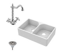 Balterley Fireclay 795mm Double Bowl Full Weir Butler Kitchen Sink - Classic Tap & Waste - Ceramic Kitchen Sink & Tap Set