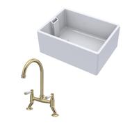Balterley Fireclay Belfast Kitchen Sink & Brushed Brass Mixer Tap 615mm in White Balterley White