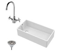 Fireclay Belfast Kitchen Sink w/ Overflow, 895mm 1 Bowl, Mono Sink Mixer Tap & Basket Strainer Waste, Brushed Brass Balterley