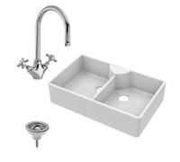 Balterley Fireclay 2 Bowl Stepped Weir Butler Sink Mono Sink Mixer Waste 895mm in White Balterley White