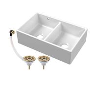 Balterley Fireclay Ceramic Double Bowl Butler Kitchen Sink, Brushed Brass, 795mm in White Balterley White