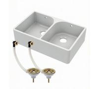 Balterley Fireclay Ceramic Double Bowl Butler Kitchen Sink With Full Weir, Tap Ledge, Overflows And Wastes, 795mm - Brushed Brass