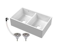 Balterley Fireclay Ceramic Double Bowl Butler Kitchen Sink With Overflow And Stepped Weir, Chrome Strainer Wastes, 795mm
