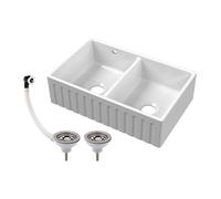 Balterley Fireclay Ceramic Double Bowl Fluted Butler Kitchen Sink, Chrome in White Balterley White