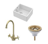 Balterley Fireclay Compact 1 Bowl Belfast Sink Waste Tap Brushed Brass 460mm in White Balterley White